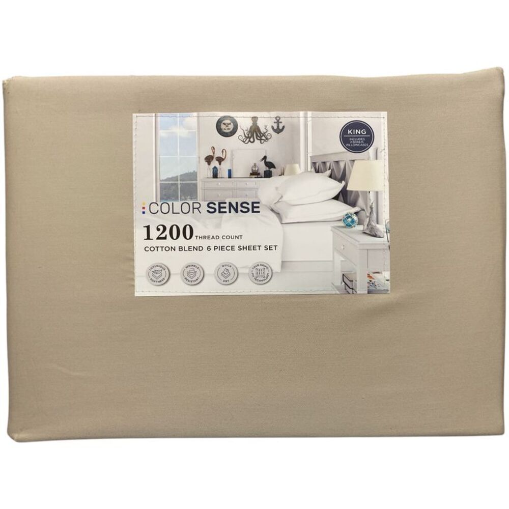 Color Sense 1200 Thread Count Cotton Blend 6-Piece Sheet Set, King - French Oak